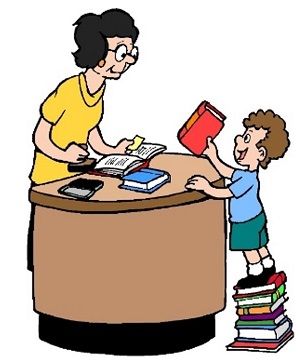 image of a librarian looking over a desk at a young boy standing on top of a pile of books