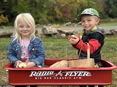 image of two children sitting in a red wagon