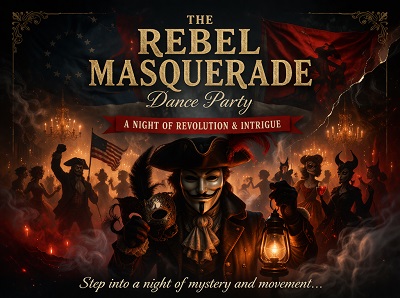 image of the Rebel Masquerade Dance Party flyer.